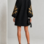 Black Mini Dress with Lantern Sleeves and Gold Pattern — view 4