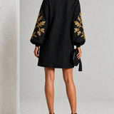 Black Mini Dress with Lantern Sleeves and Gold Pattern — view 4