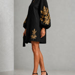 Black Mini Dress with Lantern Sleeves and Gold Pattern — view 3