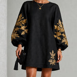 Black Mini Dress with Lantern Sleeves and Gold Pattern — view 2