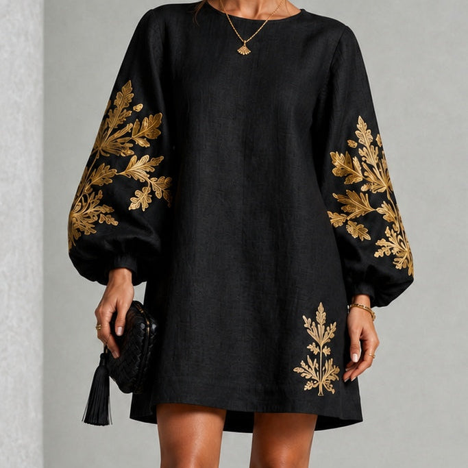 Black Mini Dress with Lantern Sleeves and Gold Pattern — view 2