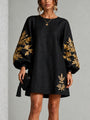Black Mini Dress with Lantern Sleeves and Gold Pattern — view 2