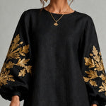 Black Mini Dress with Lantern Sleeves and Gold Pattern