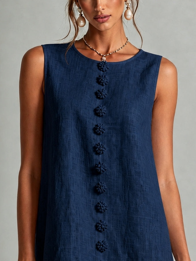 Navy Sleeveless Mini Dress with Florals and Buttons