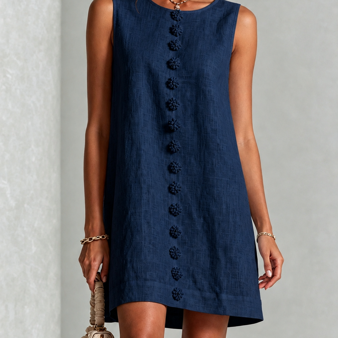 Navy Sleeveless Mini Dress with Florals and Buttons — view 2