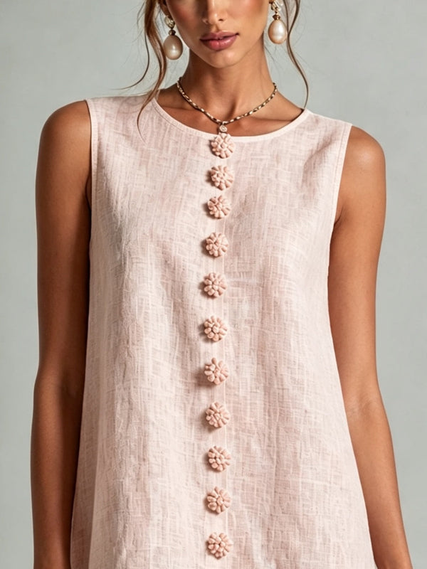 Pink Floral Sleeveless Mini Dress with Buttons