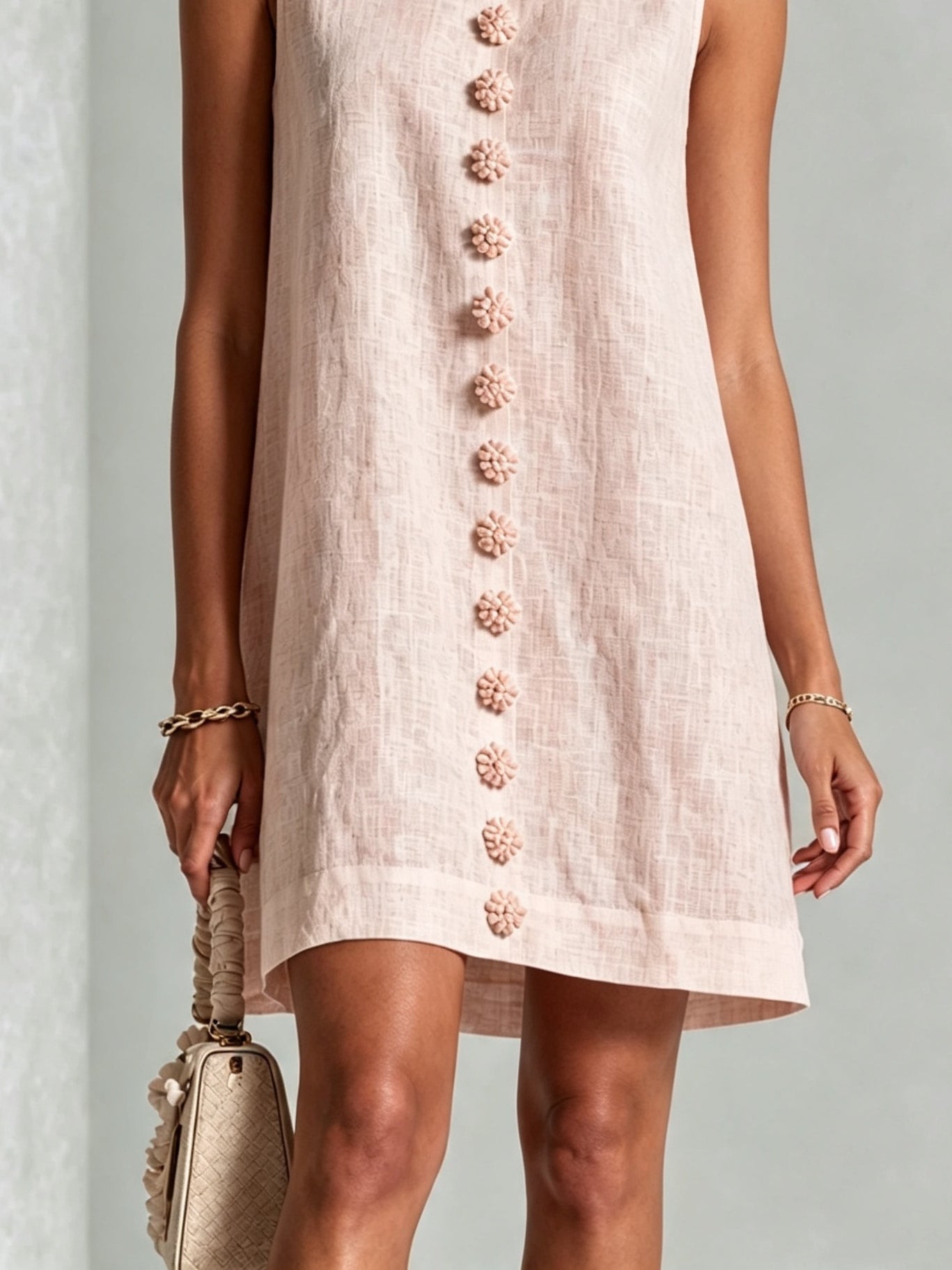 Pink Floral Sleeveless Mini Dress with Buttons — view 5