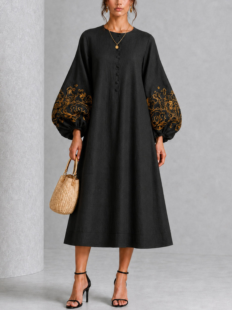 Black Midi Dress with Floral Print and Lantern Sleeves — view 2