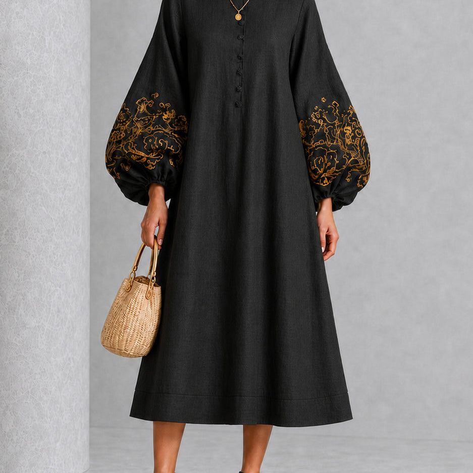 Black Midi Dress with Floral Print and Lantern Sleeves — view 2