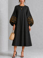 Black Midi Dress with Floral Print and Lantern Sleeves — view 2