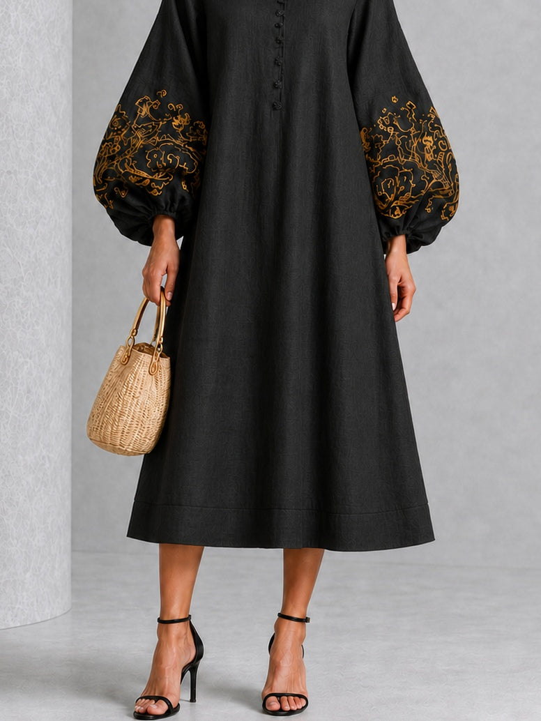 Black Midi Dress with Floral Print and Lantern Sleeves — view 5