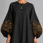 Black Midi Dress with Floral Print and Lantern Sleeves