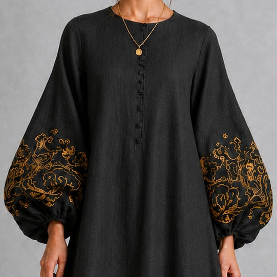 Black Midi Dress with Floral Print and Lantern Sleeves