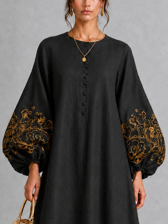 Black Midi Dress with Floral Print and Lantern Sleeves