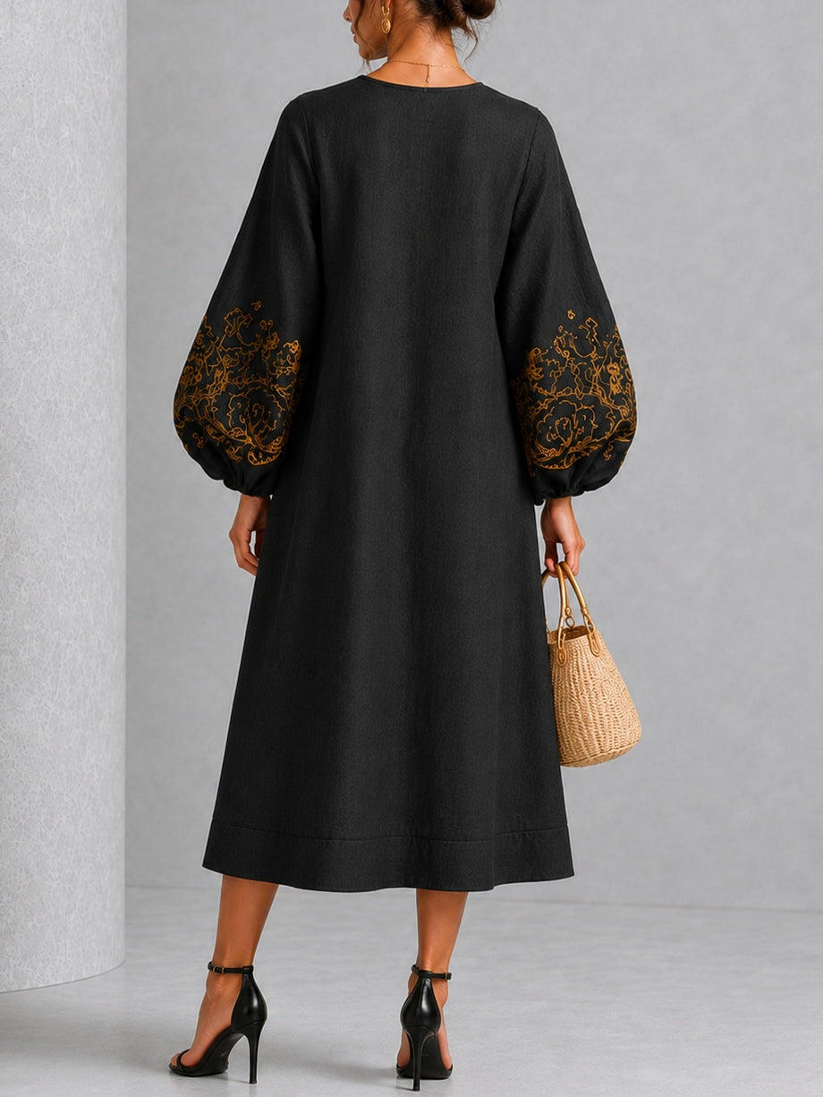 Black Midi Dress with Floral Print and Lantern Sleeves — view 4