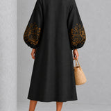 Black Midi Dress with Floral Print and Lantern Sleeves — view 4