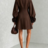 Chocolate Brown A-Line Mini Dress with Floral Cuffs — view 3