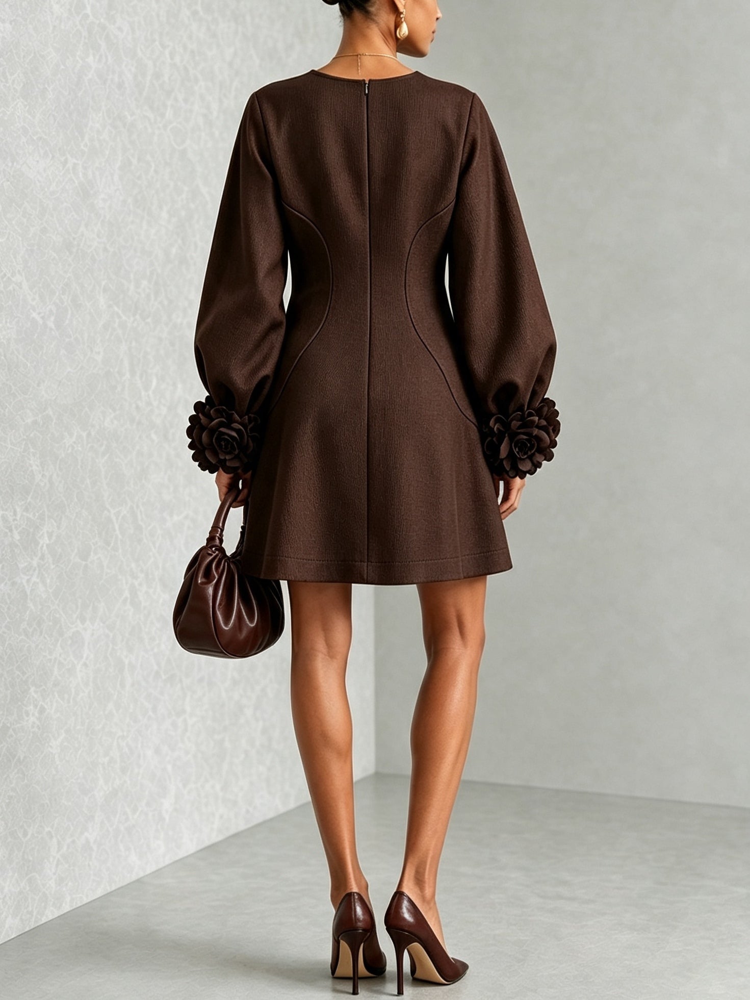 Chocolate Brown A-Line Mini Dress with Floral Cuffs — view 3