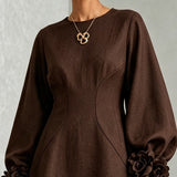 Chocolate Brown A-Line Mini Dress with Floral Cuffs — view 4