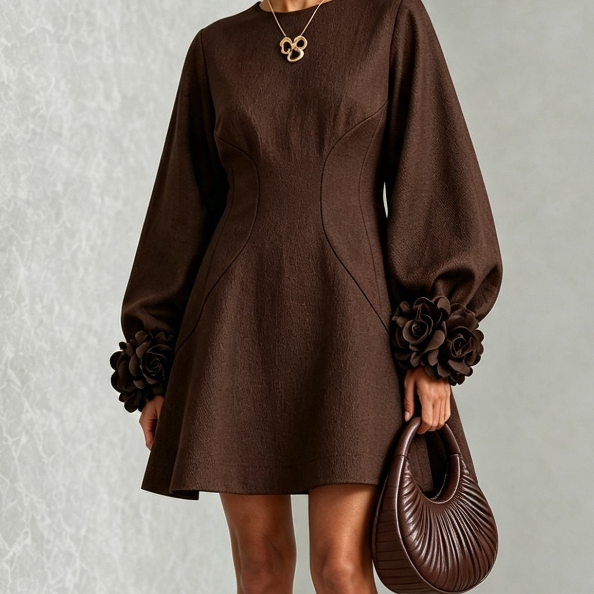 Chocolate Brown A-Line Mini Dress with Floral Cuffs