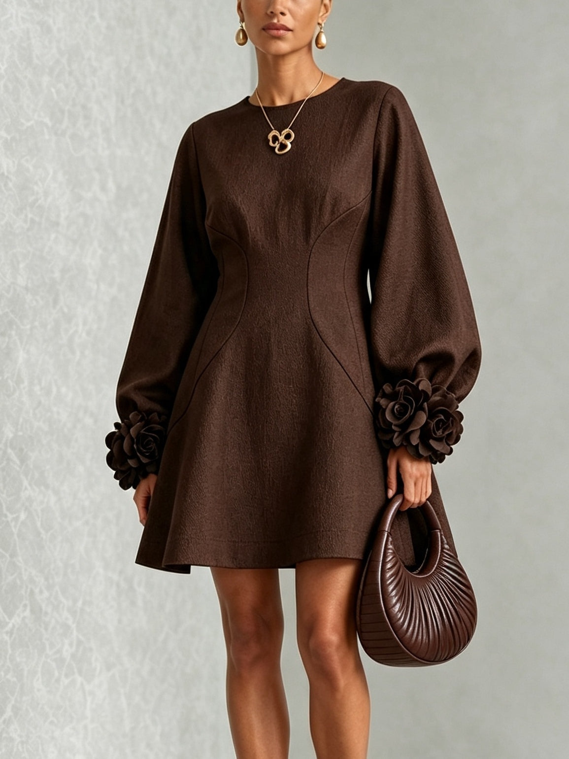 Chocolate Brown A-Line Mini Dress with Floral Cuffs