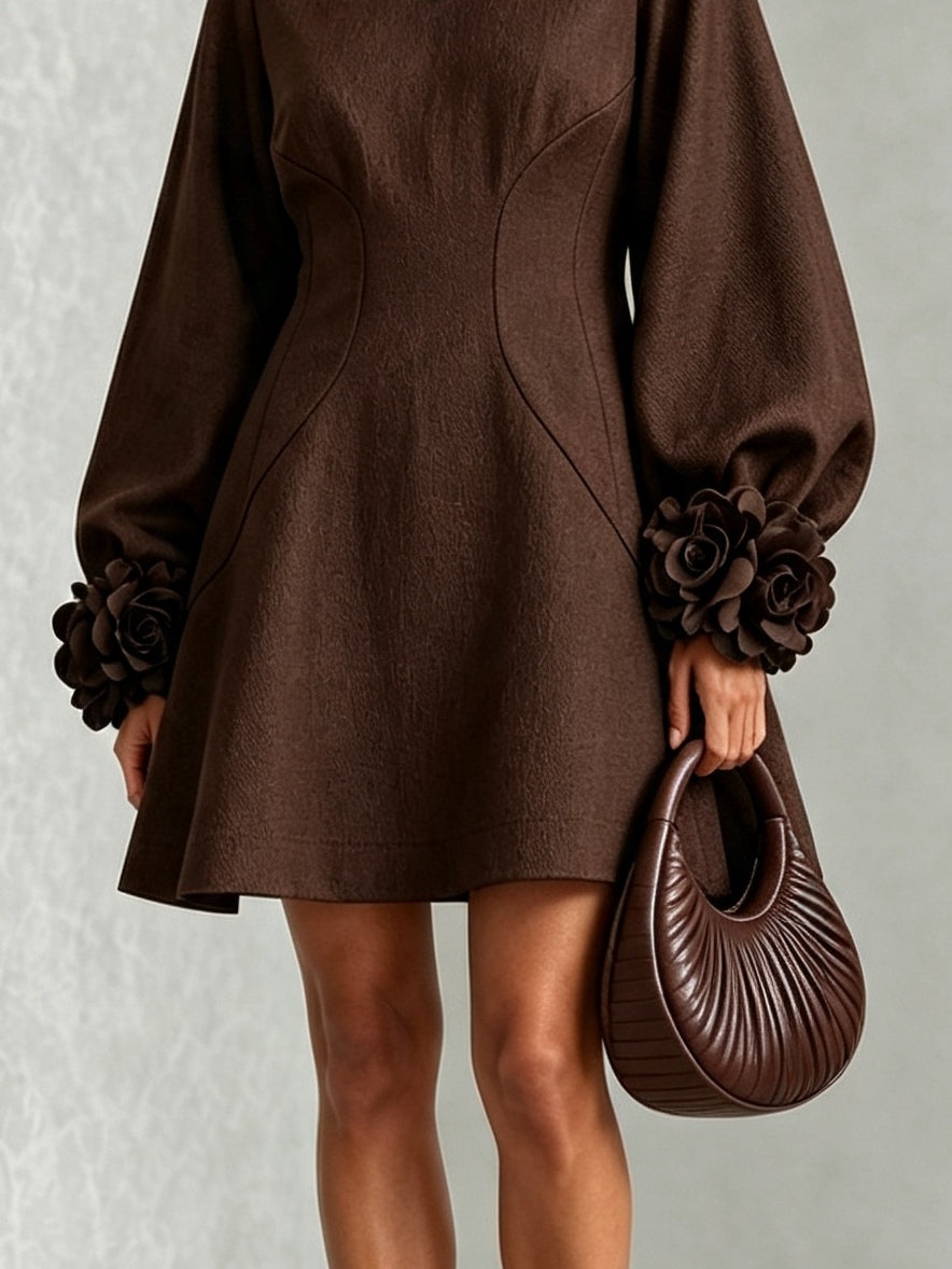 Chocolate Brown A-Line Mini Dress with Floral Cuffs — view 5