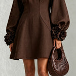 Chocolate Brown A-Line Mini Dress with Floral Cuffs — view 5