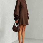 Chocolate Brown A-Line Mini Dress with Floral Cuffs — view 2
