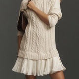 Mini Knit Dress with Braided Pattern, Ivory — view 11