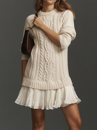 Mini Knit Dress with Braided Pattern, Ivory — view 11