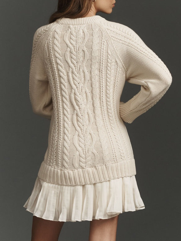 Mini Knit Dress with Braided Pattern, Ivory — view 5