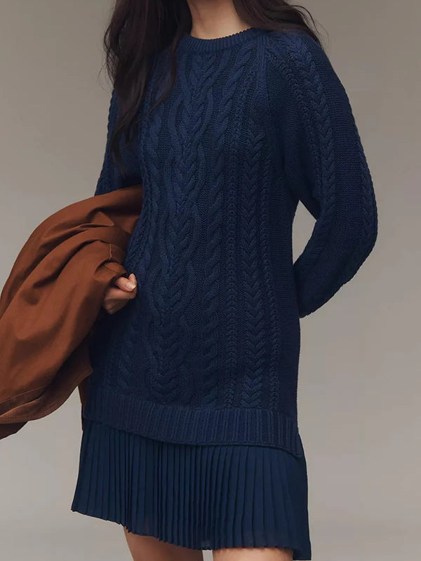 Mini Knit Dress with Braided Pattern, Ivory — view 8