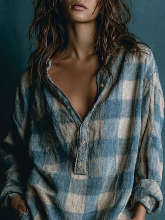 Blue and White Check Mini Dress with Buttons — view 2