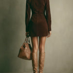 Faux Suede Mini Dress with High Collar and Zip, Caramel — view 7