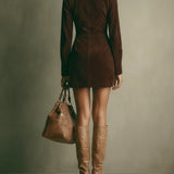 Faux Suede Mini Dress with High Collar and Zip, Caramel — view 7