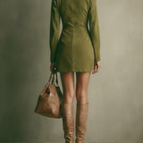 Faux Suede Mini Dress with High Collar and Zip, Caramel — view 8