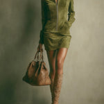 Faux Suede Mini Dress with High Collar and Zip, Caramel — view 3