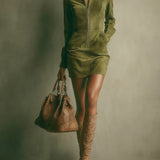 Faux Suede Mini Dress with High Collar and Zip, Caramel — view 3