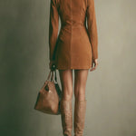Faux Suede Mini Dress with High Collar and Zip, Caramel — view 6