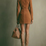 Faux Suede Mini Dress with High Collar and Zip, Caramel — view 6