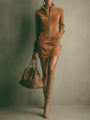 Faux Suede Mini Dress with High Collar and Zip, Caramel