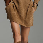 Mini Dress in Faux Suede with High Collar and Zip, Brown — view 3