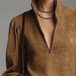 Mini Dress in Faux Suede with High Collar and Zip, Brown — view 2