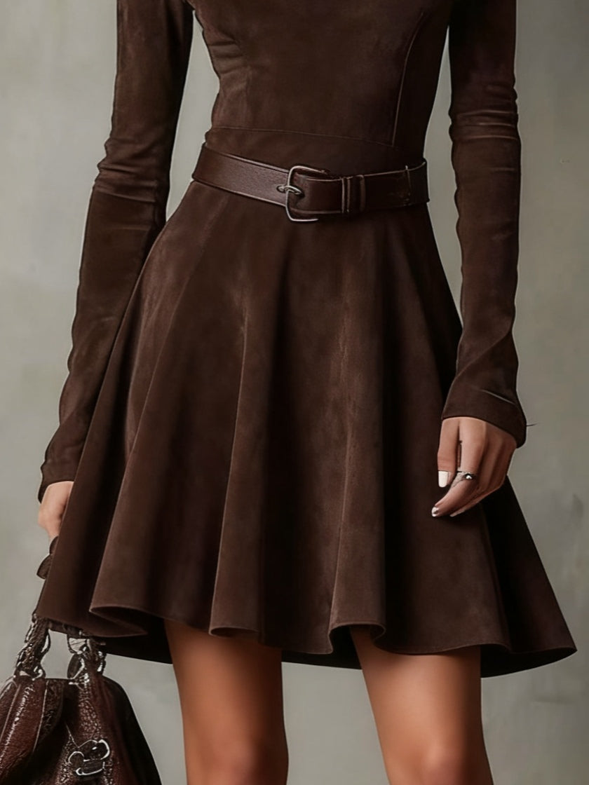 Retro Suede Mini Dress with High Neck, Dark Brown