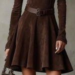 Retro Suede Mini Dress with High Neck, Dark Brown