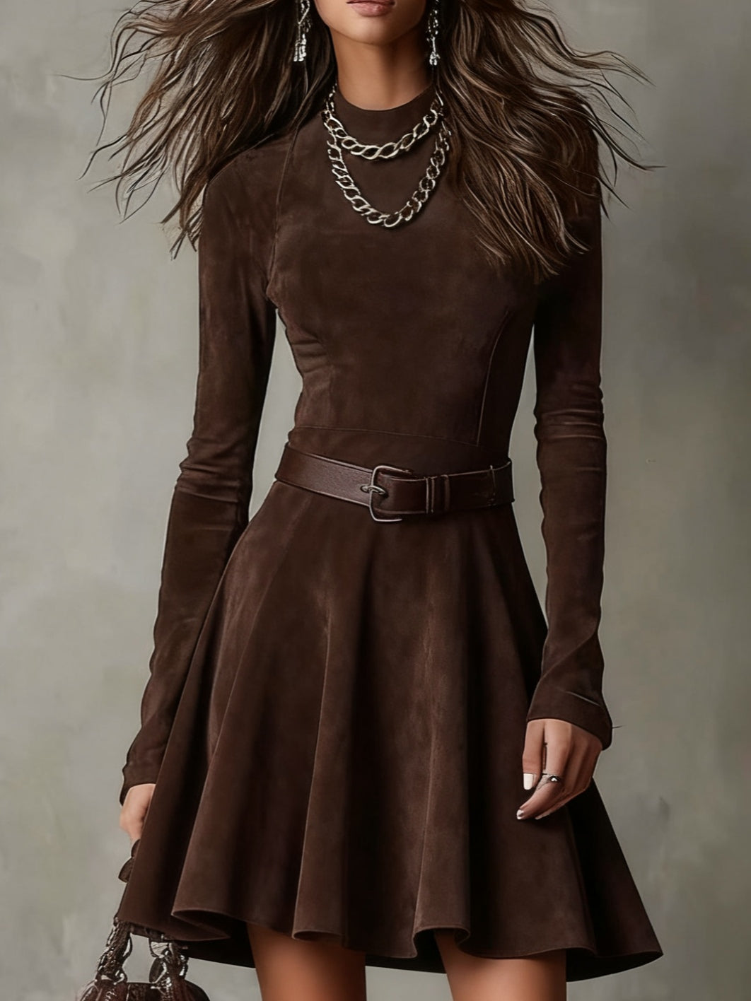 Retro Suede Mini Dress with High Neck, Dark Brown — view 3