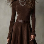Retro Suede Mini Dress with High Neck, Dark Brown — view 3