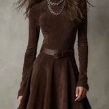 Retro Suede Mini Dress with High Neck, Dark Brown — view 3