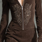 Embroidered Suede Mini Dress, Dark Brown — view 2
