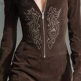 Embroidered Suede Mini Dress, Dark Brown — view 2